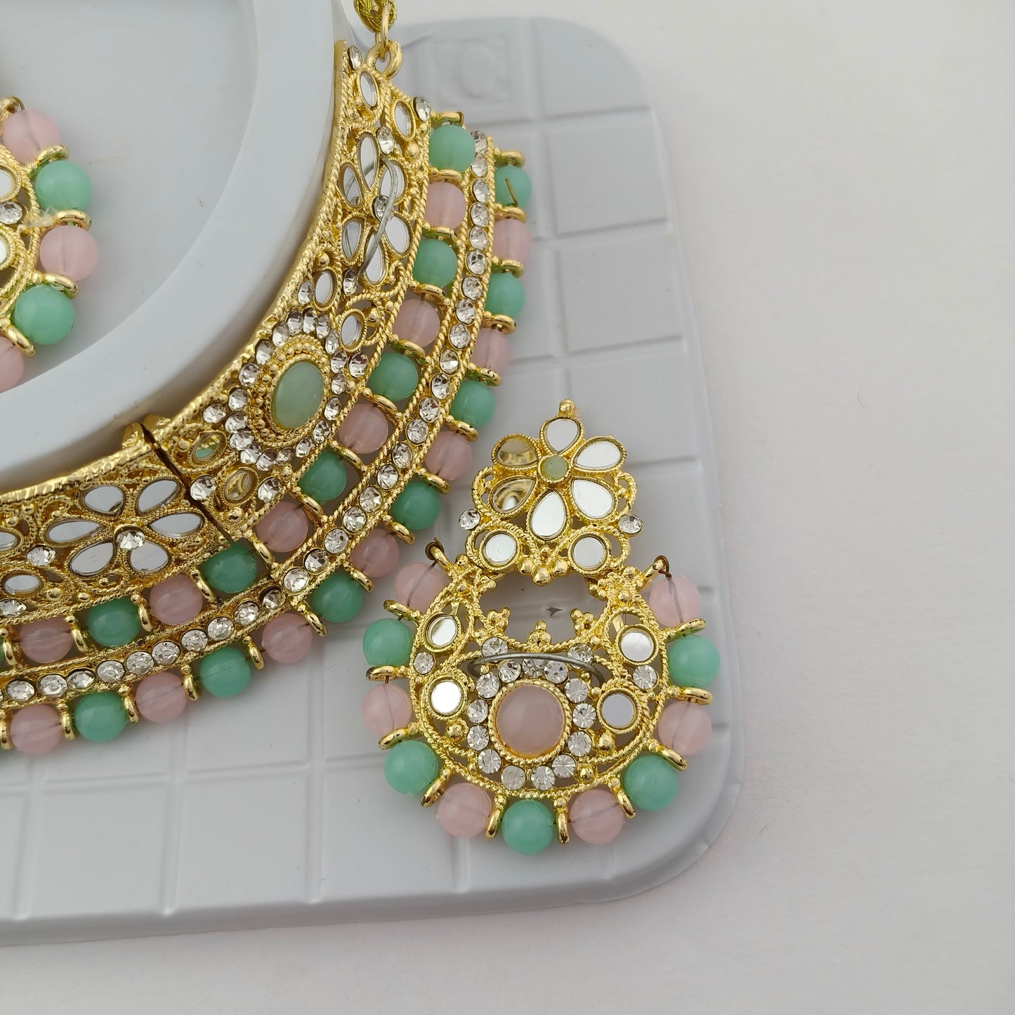 Elegant Choker Necklace Festive Set - Baby Pink, Mint Green color, Gold Plated