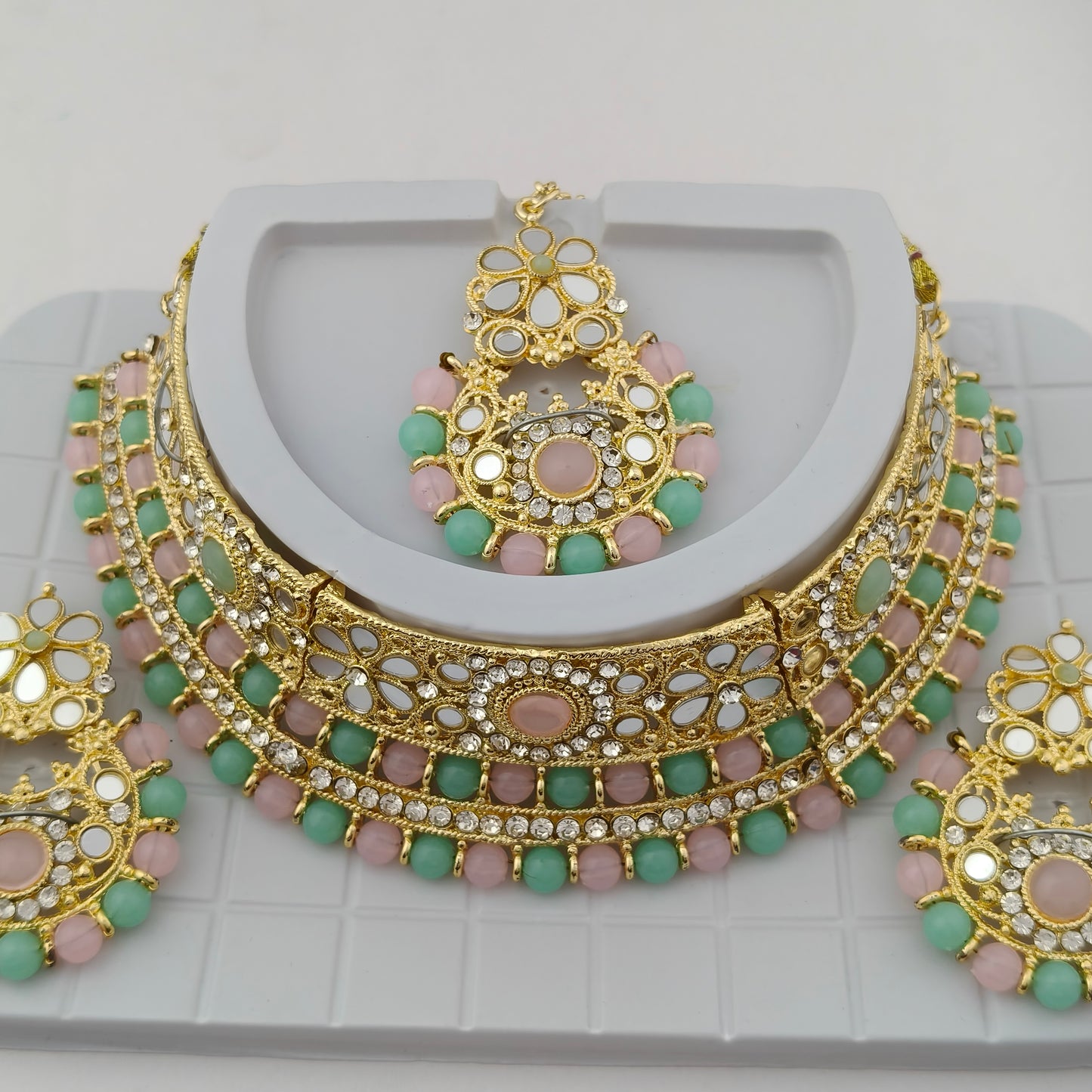 Elegant Choker Necklace Festive Set - Baby Pink, Mint Green color, Gold Plated