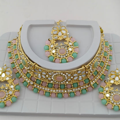 Elegant Choker Necklace Festive Set - Baby Pink, Mint Green color, Gold Plated