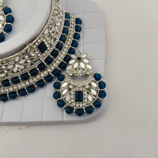 Elegant Choker Necklace Festive Set - Blue color, Silver Plated