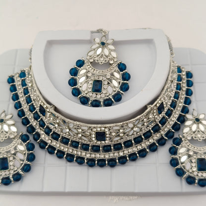Elegant Choker Necklace Festive Set - Blue color, Silver Plated