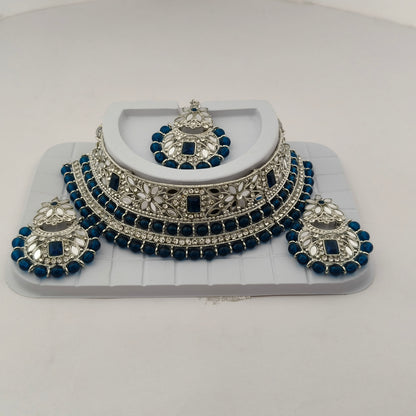 Elegant Choker Necklace Festive Set - Blue color, Silver Plated