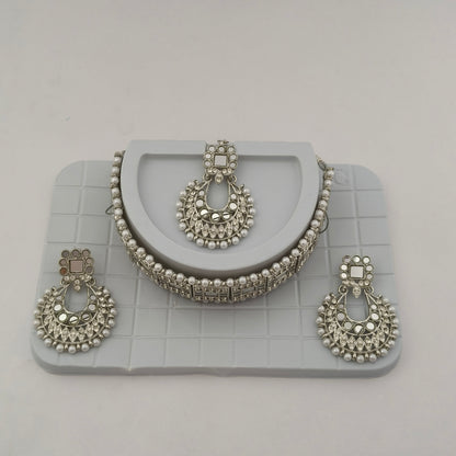 Elegant Choker Necklace Festive Set - White, Pearl, Silver Color