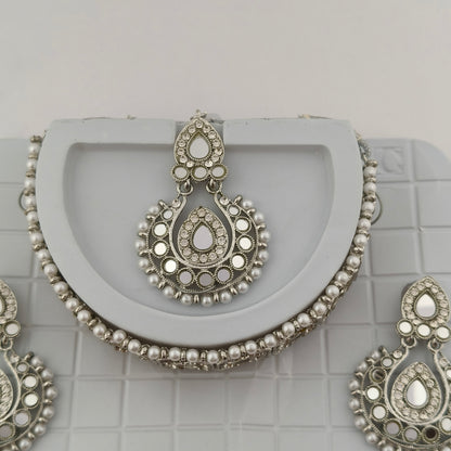 Elegant Choker Necklace Festive Set - White, Pearl, Silver Color