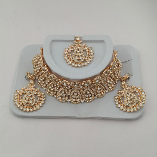 Elegant Choker Necklace Festive Set - White, Rose Gold Color