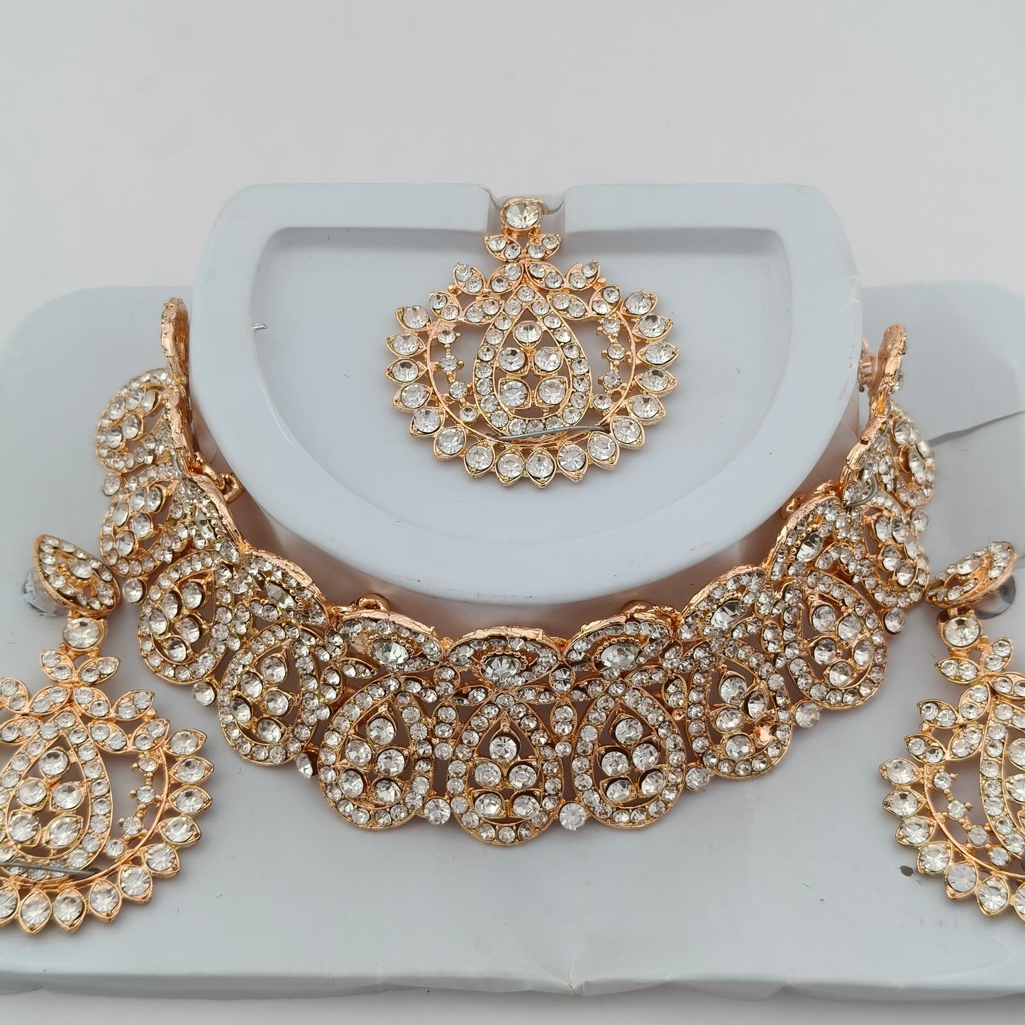 Elegant Choker Necklace Festive Set - White, Rose Gold Color