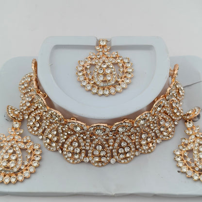 Elegant Choker Necklace Festive Set - White, Rose Gold Color