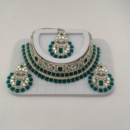 Elegant Choker Necklace Festive Set - Sea Green color, Silver Plated