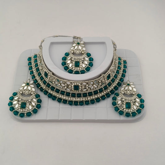 Elegant Choker Necklace Festive Set - Sea Green color, Silver Plated