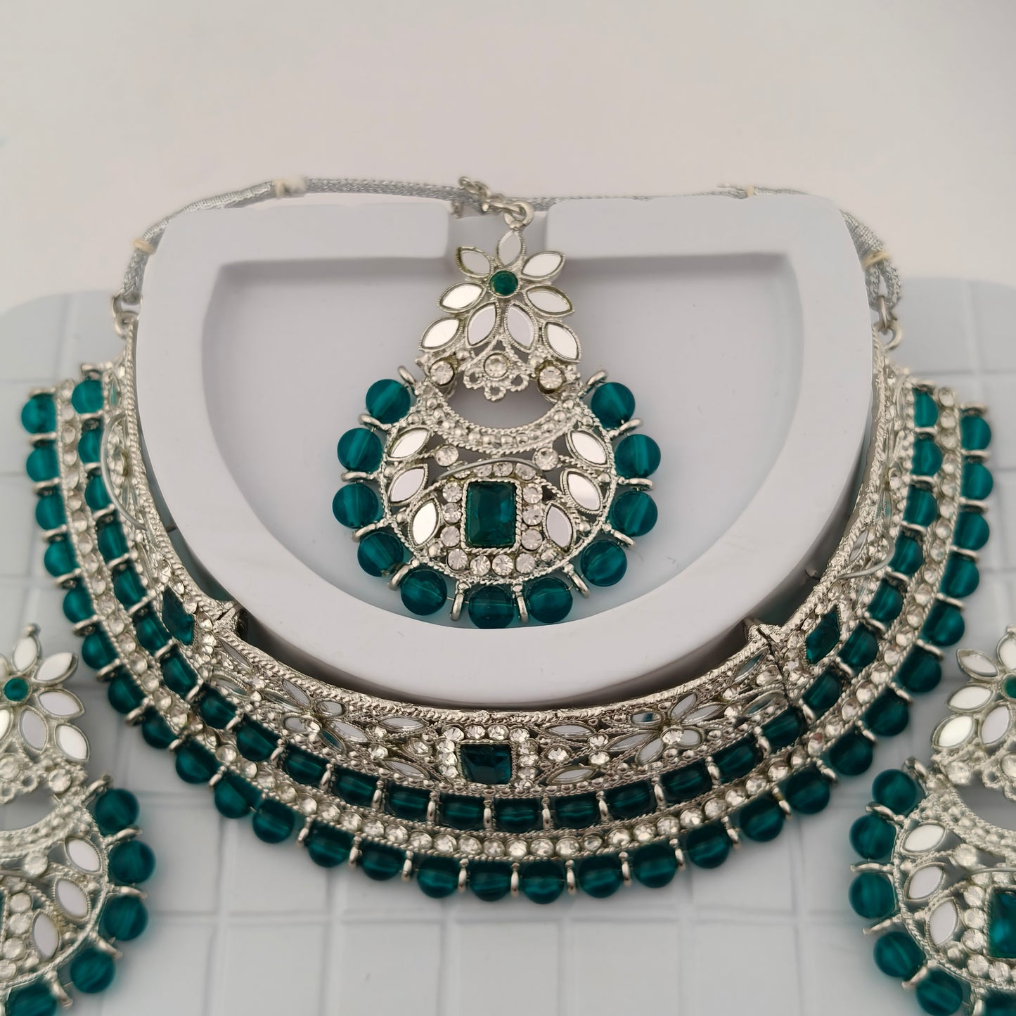 Elegant Choker Necklace Festive Set - Sea Green color, Silver Plated