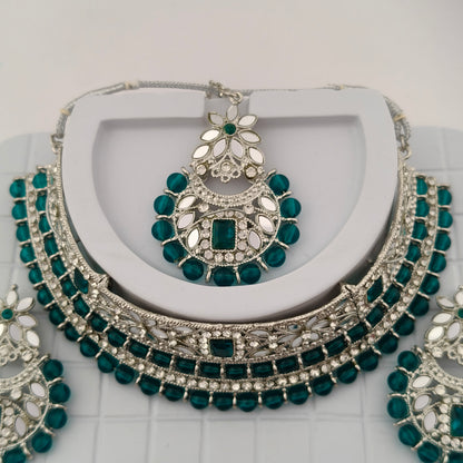 Elegant Choker Necklace Festive Set - Sea Green color, Silver Plated