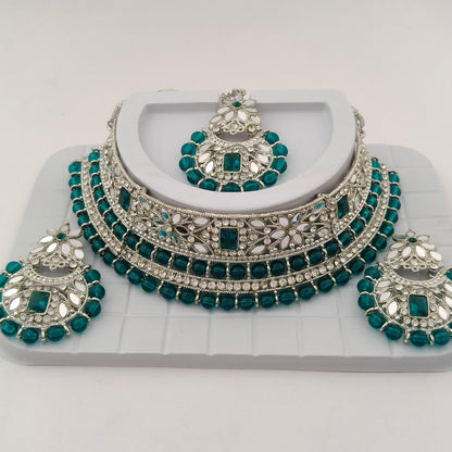 Elegant Choker Necklace Festive Set - Sea Green color, Silver Plated
