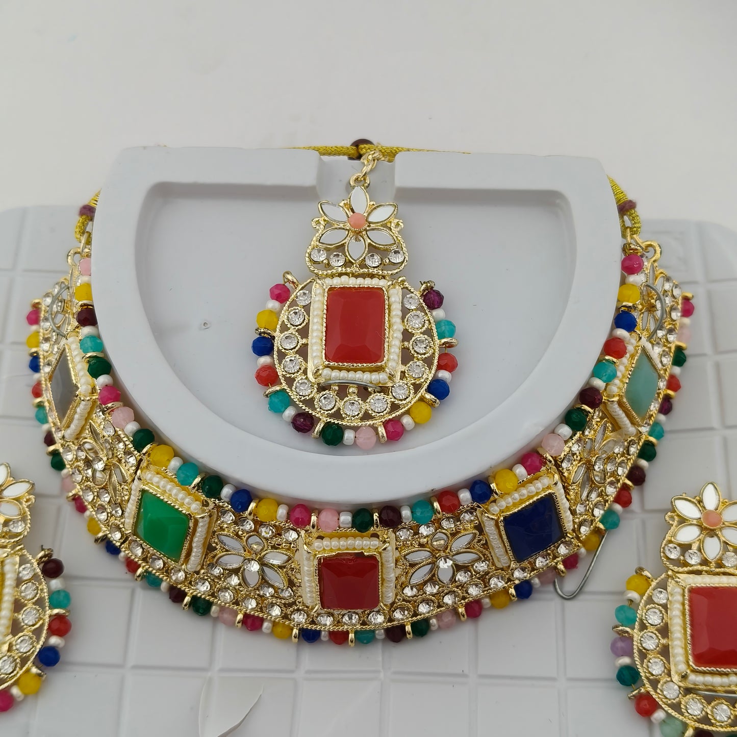 Elegant Choker Necklace Festive Set - Multi color, Gold Plated