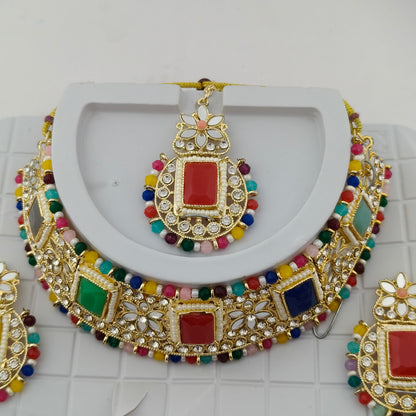 Elegant Choker Necklace Festive Set - Multi color, Gold Plated