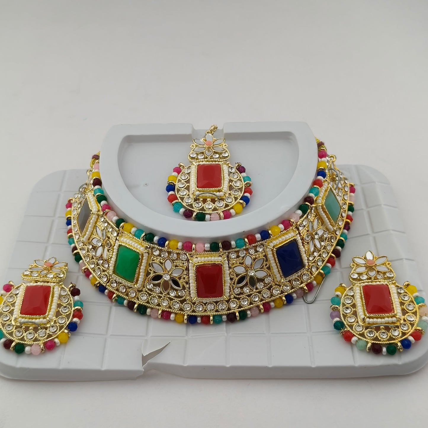 Elegant Choker Necklace Festive Set - Multi color, Gold Plated