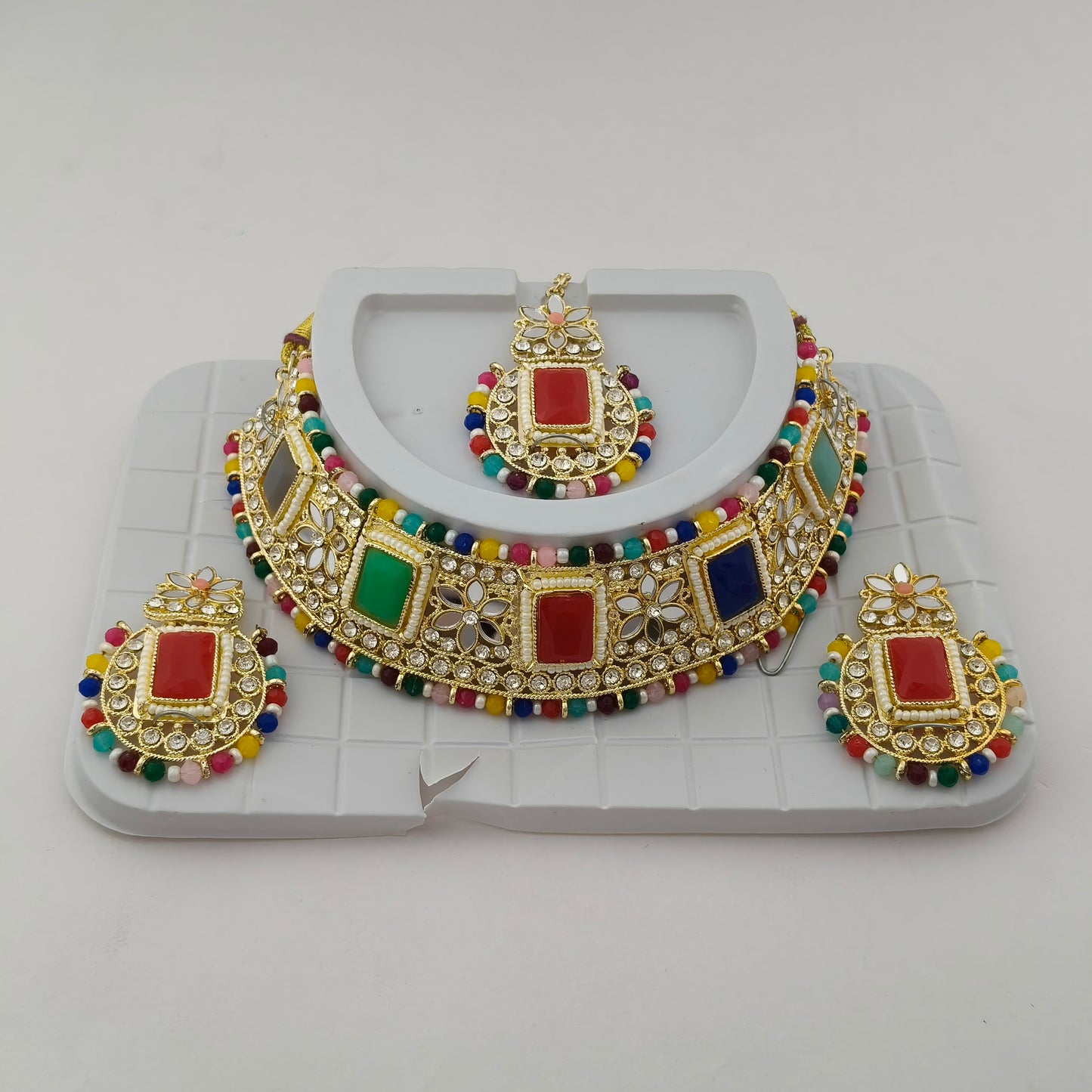 Elegant Choker Necklace Festive Set - Multi color, Gold Plated