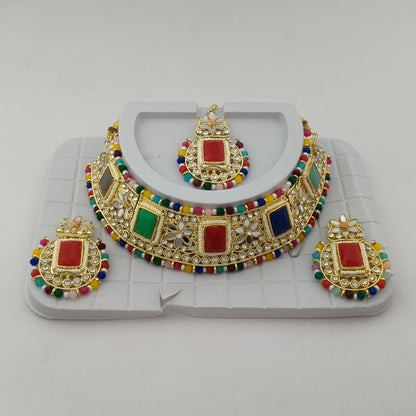 Elegant Choker Necklace Festive Set - Multi color, Gold Plated