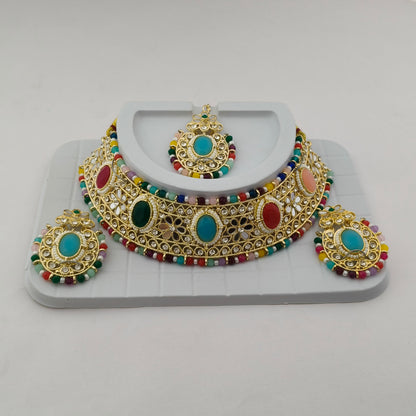 Elegant Choker Necklace Festive Set - Multi color, Gold Plated