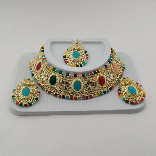 Elegant Choker Necklace Festive Set - Multi color, Gold Plated