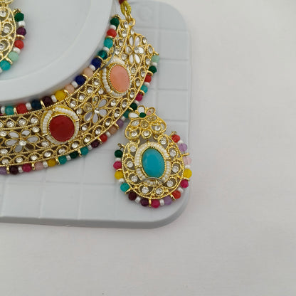 Elegant Choker Necklace Festive Set - Multi color, Gold Plated