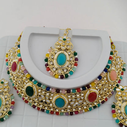 Elegant Choker Necklace Festive Set - Multi color, Gold Plated