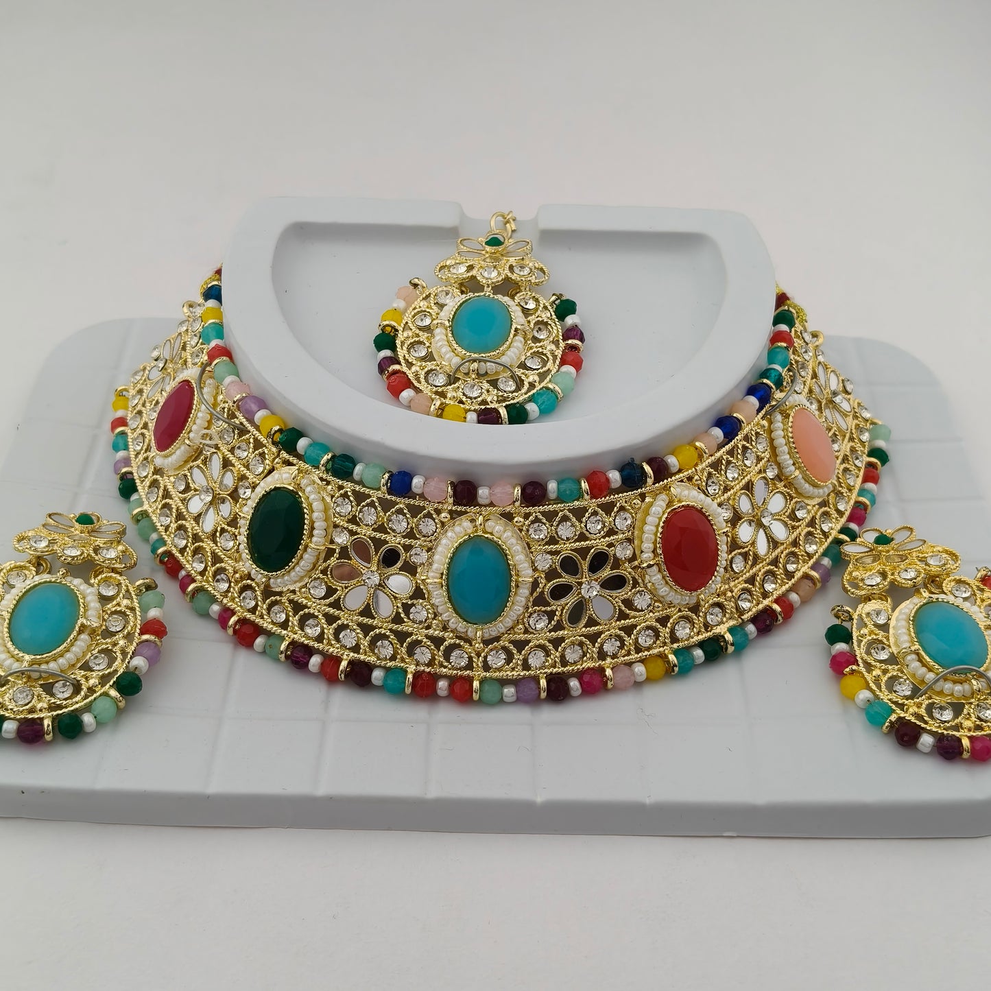 Elegant Choker Necklace Festive Set - Multi color, Gold Plated