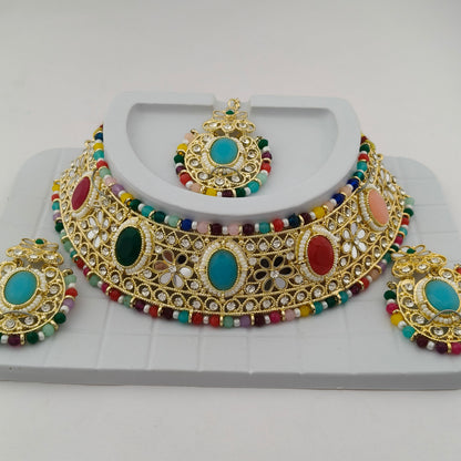 Elegant Choker Necklace Festive Set - Multi color, Gold Plated