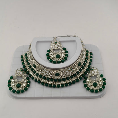 Elegant Choker Necklace Festive Set - Green color, Silver Plated