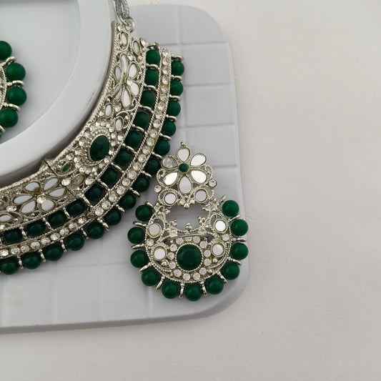 Elegant Choker Necklace Festive Set - Green color, Silver Plated