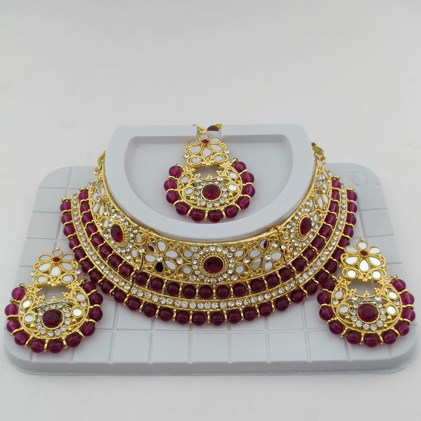 Elegant Choker Necklace Festive Set - Wine color, Gold Plated