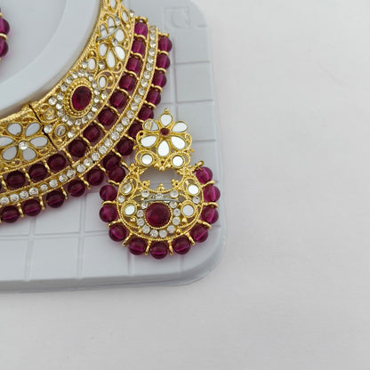 Elegant Choker Necklace Festive Set - Wine color, Gold Plated