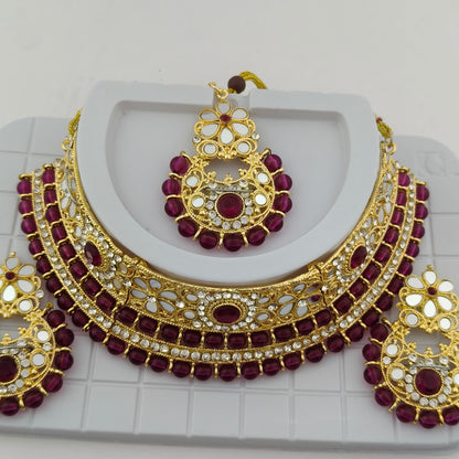 Elegant Choker Necklace Festive Set - Wine color, Gold Plated