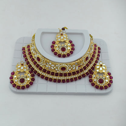 Elegant Choker Necklace Festive Set - Wine color, Gold Plated