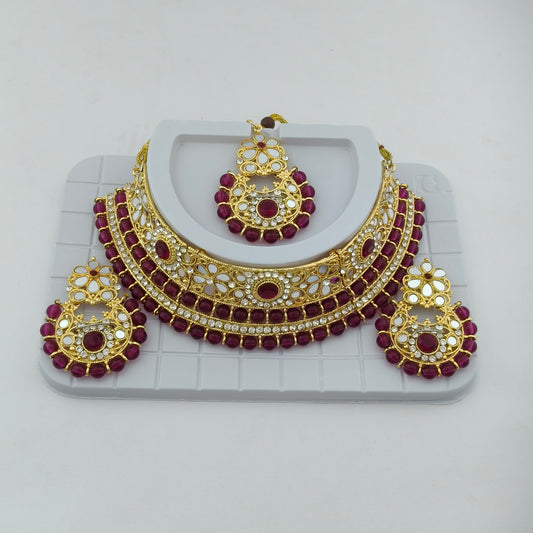 Elegant Choker Necklace Festive Set - Wine color, Gold Plated