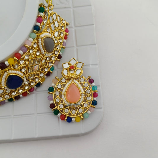 Elegant Choker Necklace Festive Set - Multi color, Gold Plated