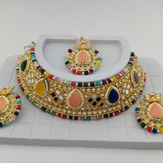 Elegant Choker Necklace Festive Set - Multi color, Gold Plated