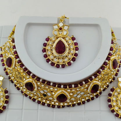 Elegant Choker Necklace Festive Set - Wine color, Gold Plated