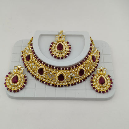 Elegant Choker Necklace Festive Set - Wine color, Gold Plated