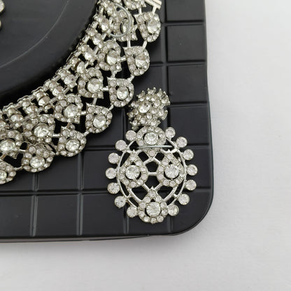 Elegant Choker Necklace Festive Set - White, Silver Color
