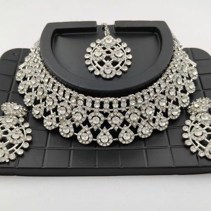 Elegant Choker Necklace Festive Set - White, Silver Color