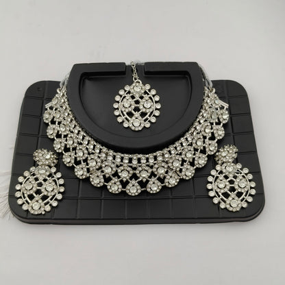 Elegant Choker Necklace Festive Set - White, Silver Color