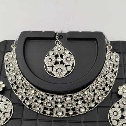 Elegant Choker Necklace Festive Set - White, Silver Color