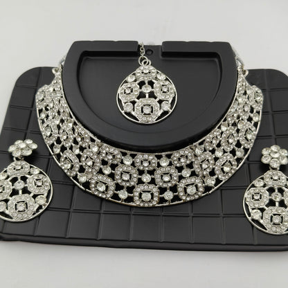 Elegant Choker Necklace Festive Set - White, Silver Color