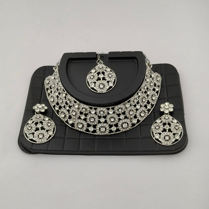 Elegant Choker Necklace Festive Set - White, Silver Color