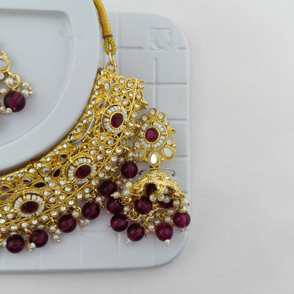 Elegant Choker Necklace Festive Set - Wine color, Gold Plated