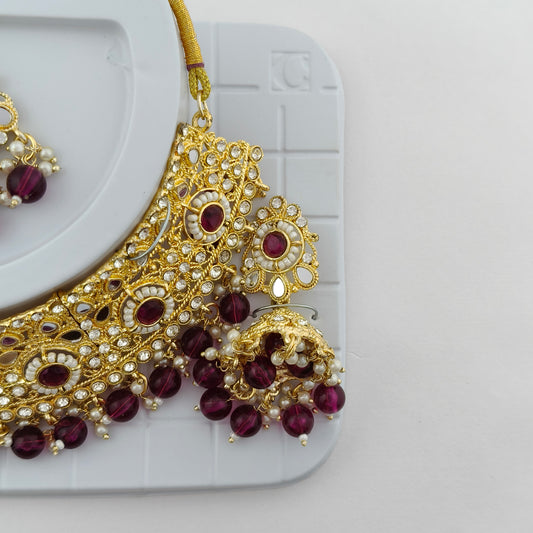 Elegant Choker Necklace Festive Set - Wine color, Gold Plated
