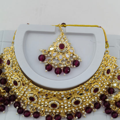 Elegant Choker Necklace Festive Set - Wine color, Gold Plated