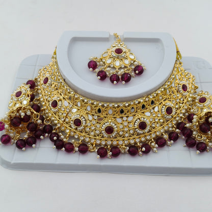Elegant Choker Necklace Festive Set - Wine color, Gold Plated