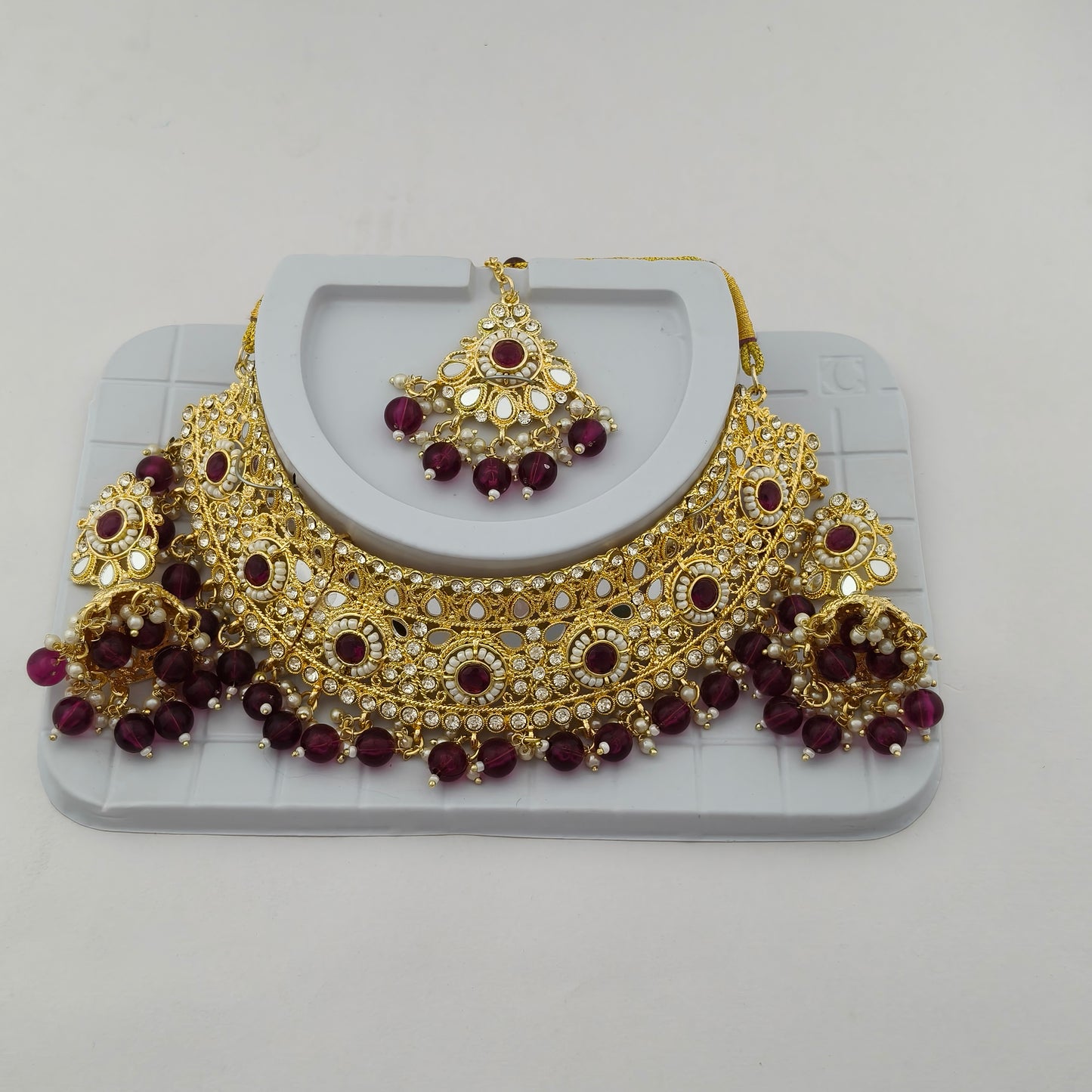 Elegant Choker Necklace Festive Set - Wine color, Gold Plated