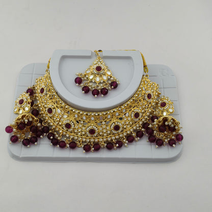 Elegant Choker Necklace Festive Set - Wine color, Gold Plated